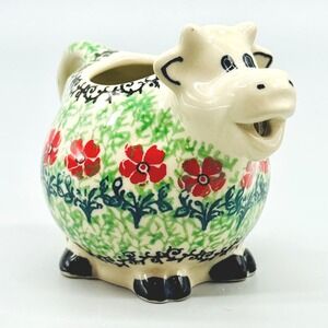 Ceramika Artystyczna Cow Creamer Red Flower Floral Polish Pottery